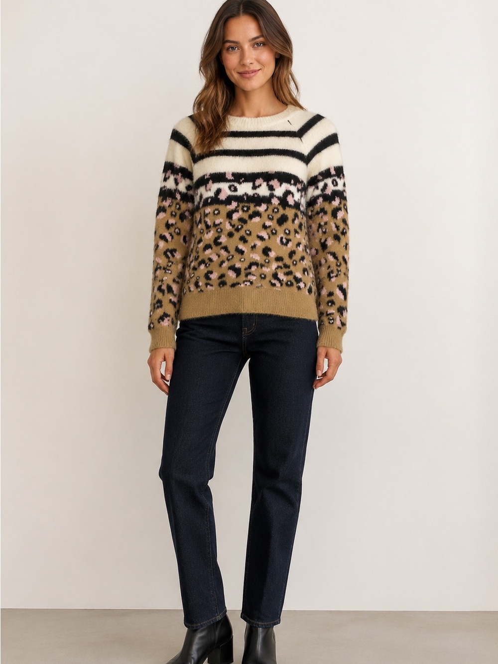 Topshop Fuzzy Leopard Stripe Sweater Pink Camel Black US 4